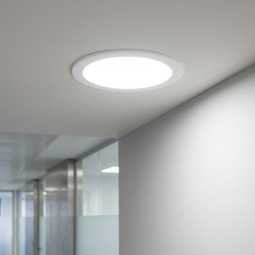 SirioDISC circular cool white LED recessed ceiling light illuminating a modern white office corridor wall.