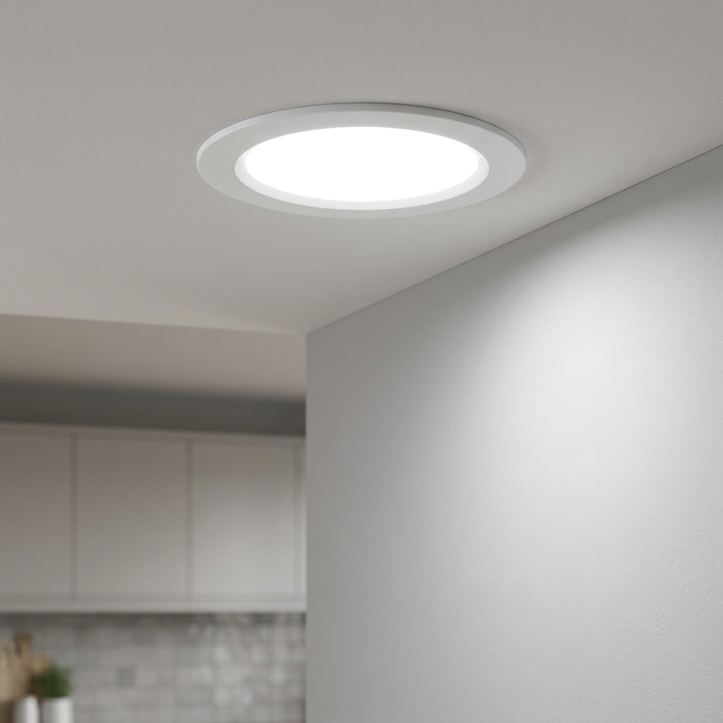 Circular white recessed LED ceiling light illuminating a minimalist room wall.