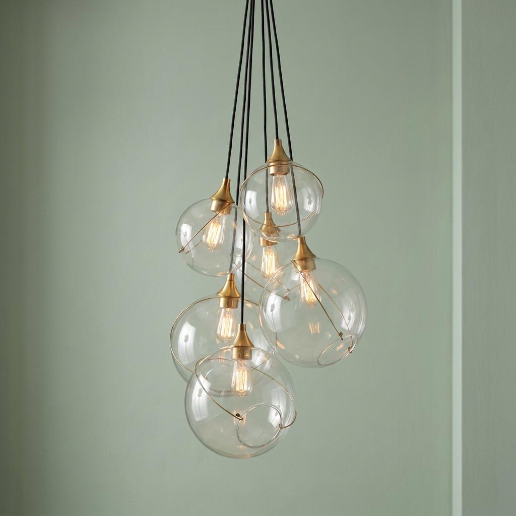 Six clear glass globe pendant lights with brass fixtures hanging in a cluster against a soft green wall.