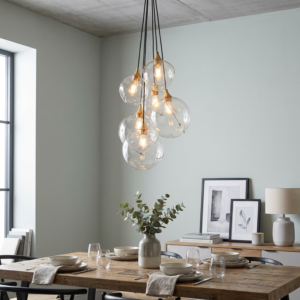 Skye 6-light cluster pendant with glass globes and brass accents hanging above a rustic wooden dining table.