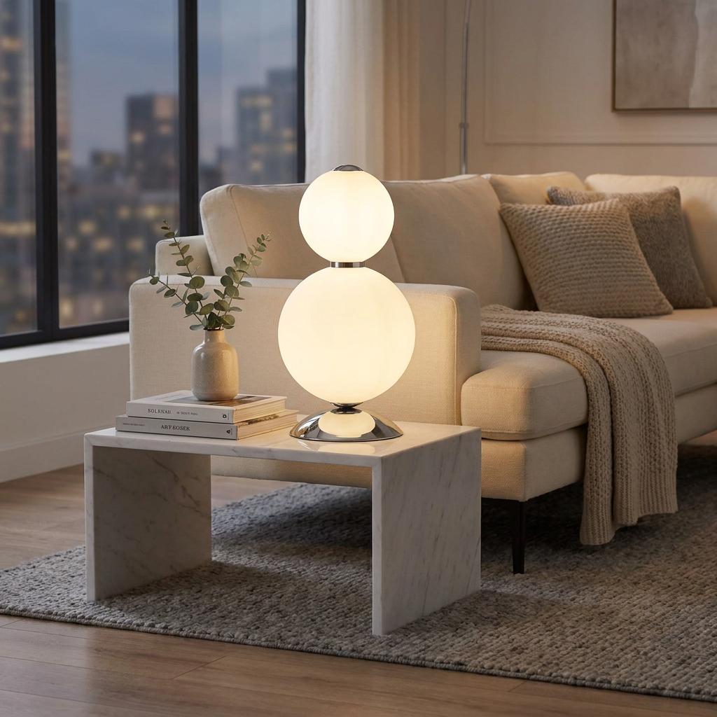 Snowball 2 Light Chrome Table Lamp with two glowing opal glass spheres on a marble side table in a living room.
