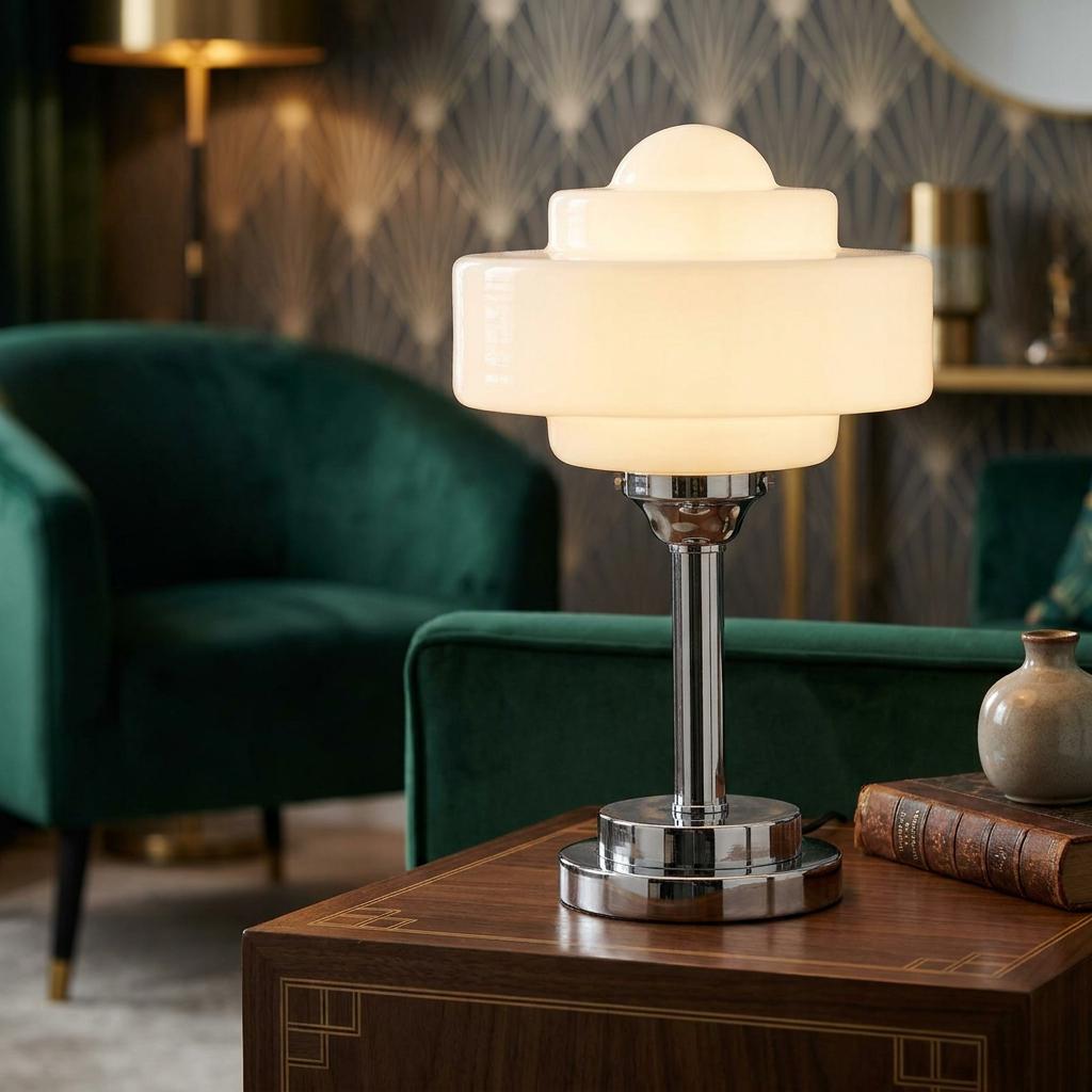 Soda Chrome Art Deco table lamp with a tiered white glass shade on a wooden table in a green velvet room.