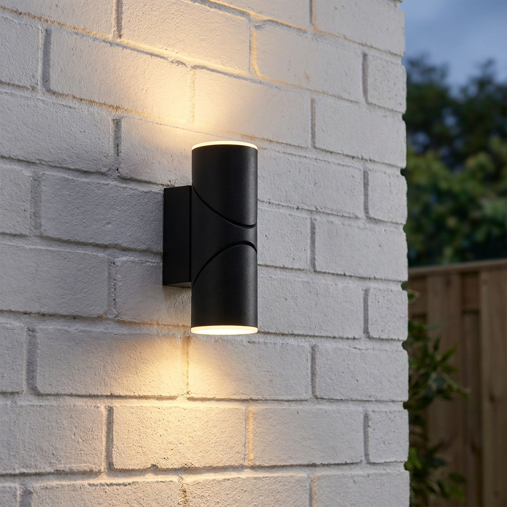 A black cylindrical outdoor LED wall light with an up-down glow, mounted on a white brick wall.