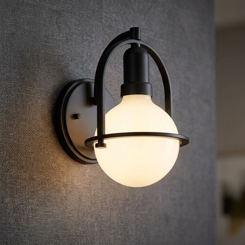 Black metal wall sconce featuring a glowing white globe bulb mounted against a textured grey wall.