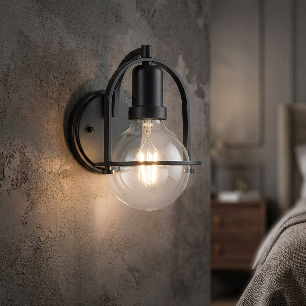 Industrial black wall light with a clear globe bulb on a textured grey wall in a bedroom setting.