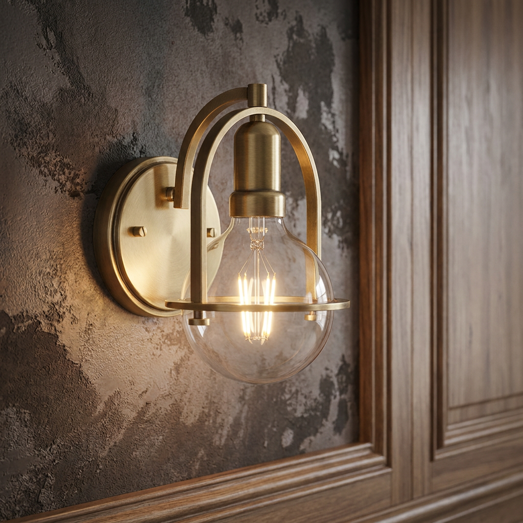 Somerset 1 Light wall light in heritage brass with a clear glass globe on a rustic textured wall.