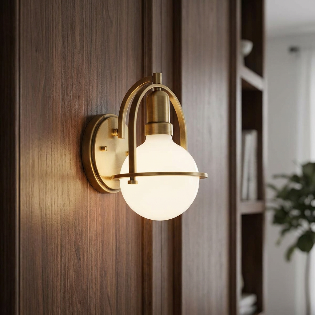 Somerset brass wall light with a glowing white globe bulb mounted on dark wood paneling.