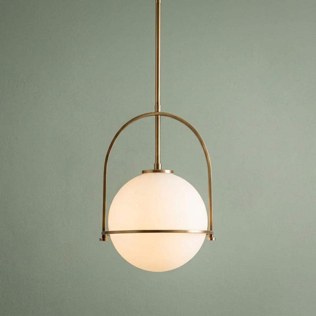 Opal glass globe pendant light with a brass arched frame against a soft green wall.