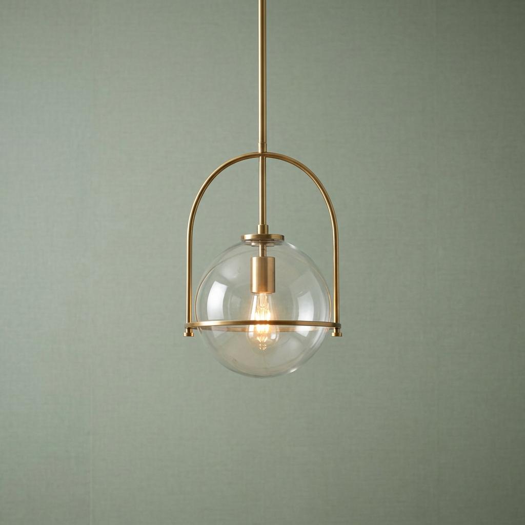 Illuminated Somerset brass pendant light with a clear glass globe and arched frame against a green textured wall.