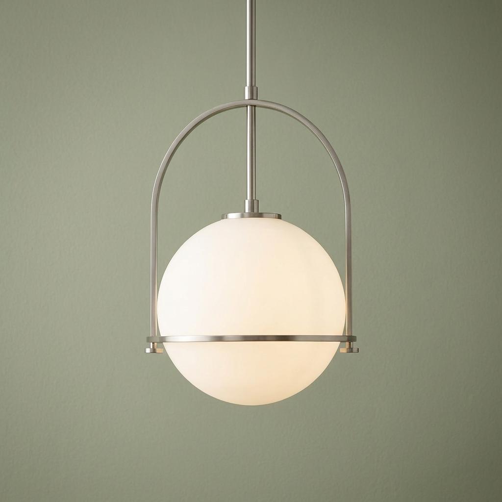 Somerset 1 Light Medium Nickel Pendant Light featuring an opal glass globe within a brushed metal arched frame.