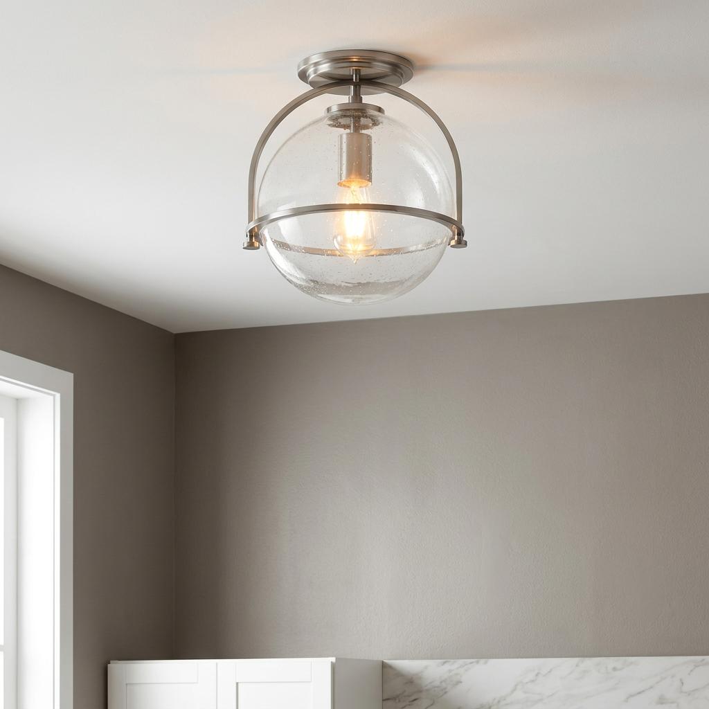 Brushed nickel flush ceiling light with a clear seeded glass globe mounted in a contemporary room.