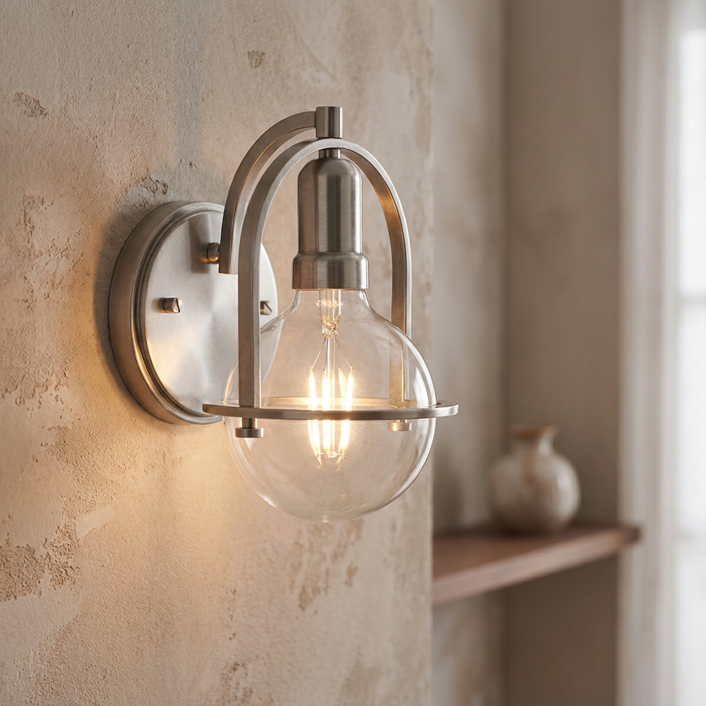 Somerset nickel and clear glass globe wall light with a glowing filament bulb on a textured wall.