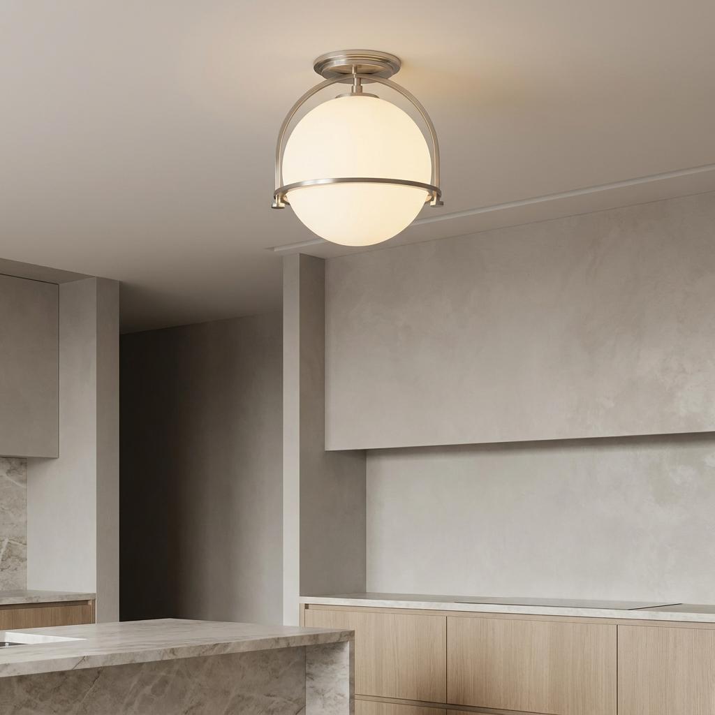 Somerset 1 Light Nickel Flush mount with an opal globe shade illuminating a minimalist kitchen with marble island.