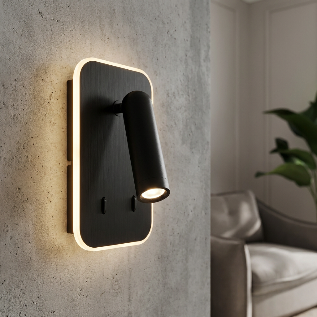 Modern black wall light with an integrated LED border and adjustable spotlight mounted on a textured concrete wall.