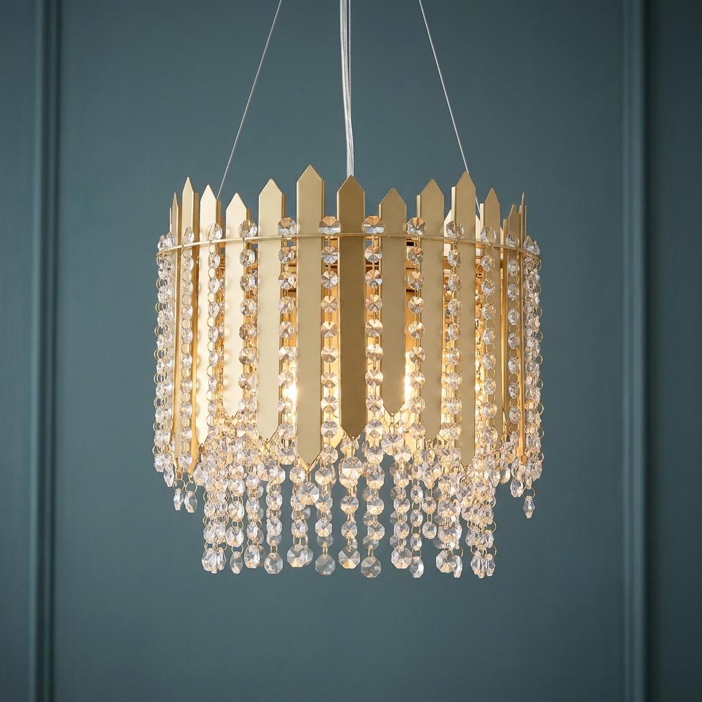 Gold metal spear pendant light with cascading clear crystals hanging against a teal paneled wall.