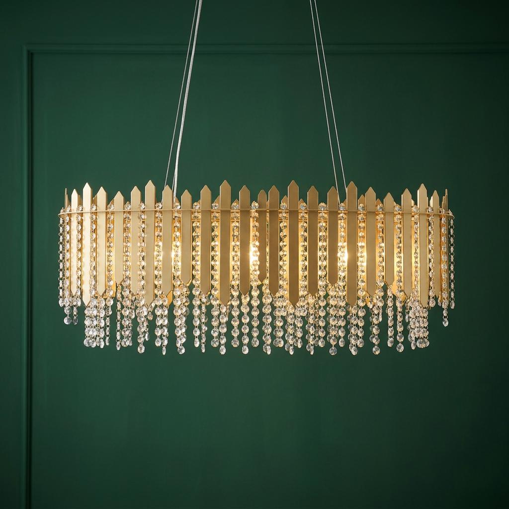 Gold oval diner bar pendant with spear-shaped slats and crystal beads against a green paneled wall.