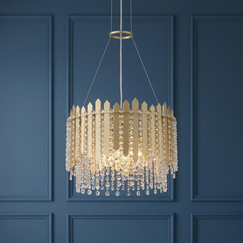 A gold metal pendant chandelier with pointed spear-like panels and cascading clear crystals against a blue paneled wall.
