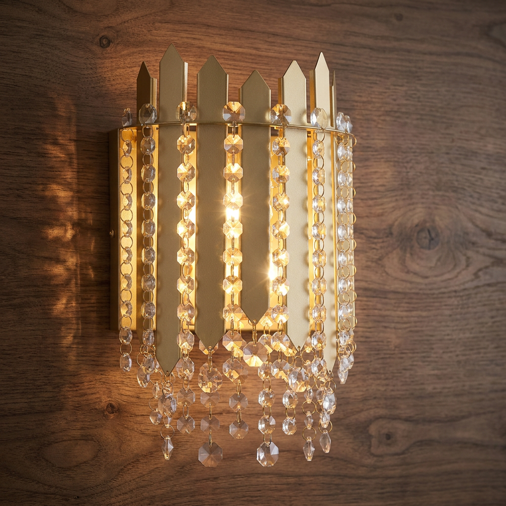 Spear gold metal wall light with cascading clear crystals, illuminated against a textured wood wall.