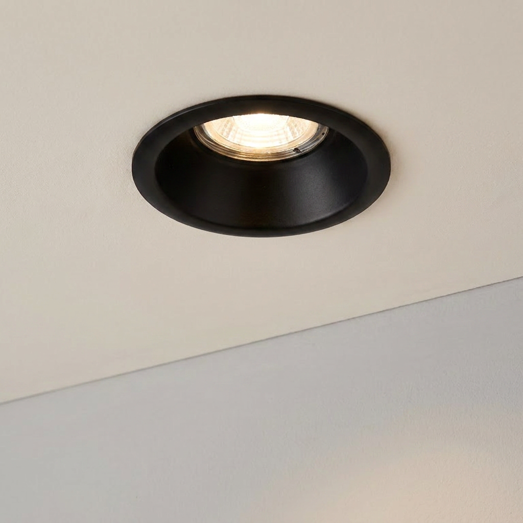 Speculo black anti-glare recessed ceiling light illuminated in a white ceiling.