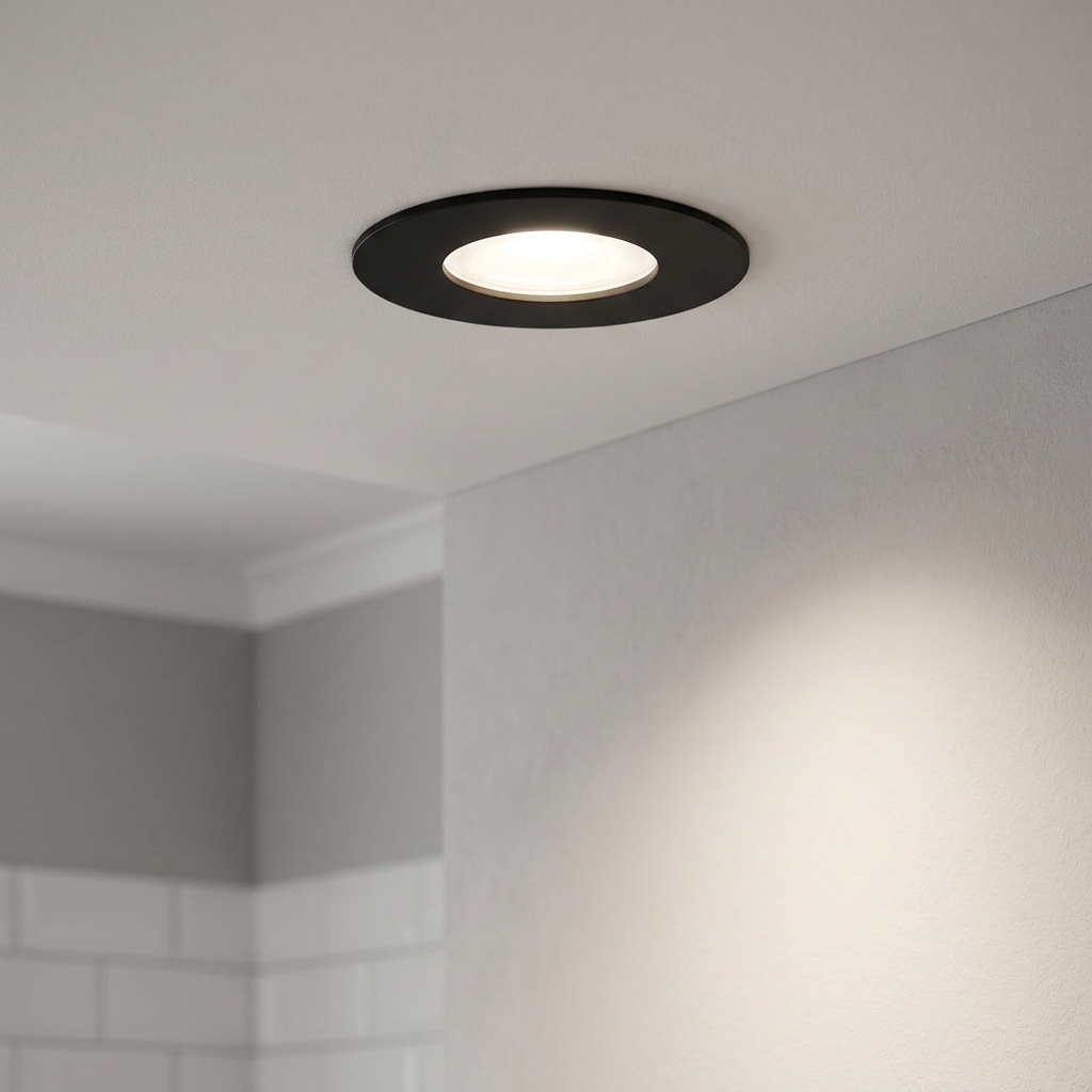 Black circular recessed light installed in a white ceiling, casting a warm glow on an adjacent wall.