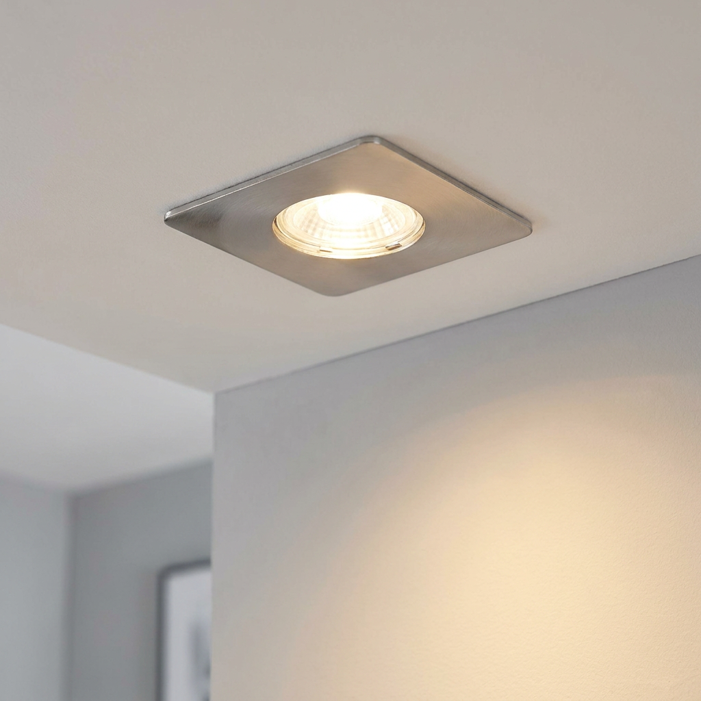 A square brushed chrome recessed ceiling light turned on, casting a warm glow in a modern room.