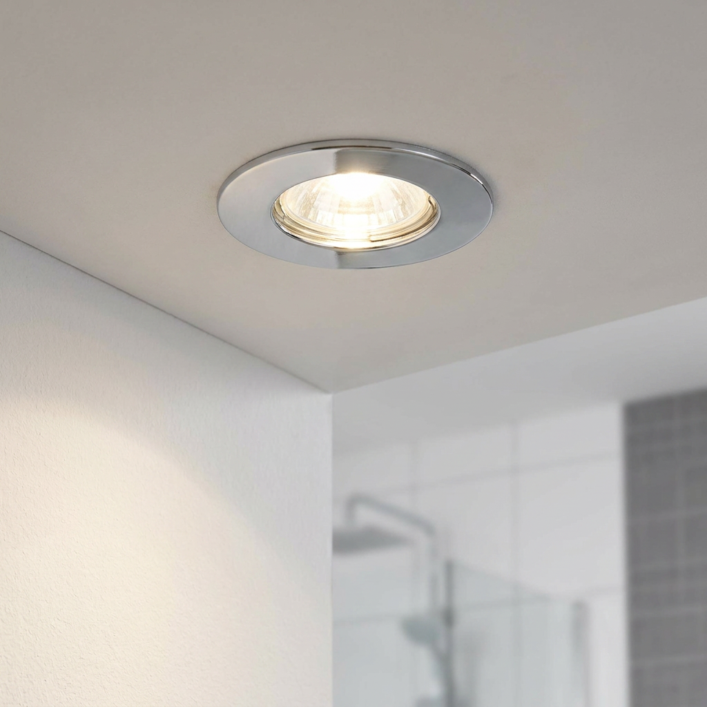 Polished chrome Speculo recessed ceiling light illuminated in a modern bathroom setting.