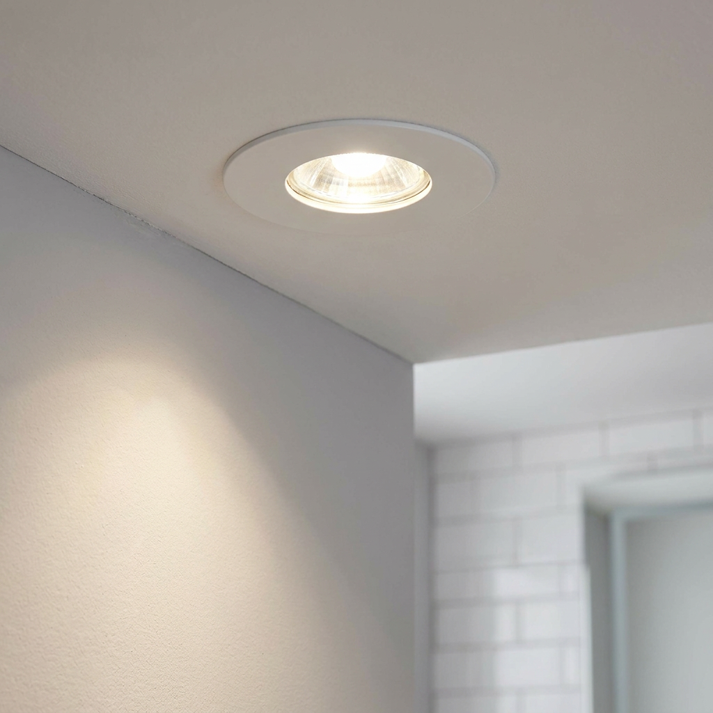Speculo white recessed downlight mounted in a ceiling, casting a warm pool of light on a white plastered wall.