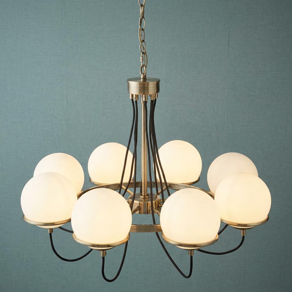 Eight-light brass chandelier with glowing white globe shades and black wire details against a teal textured wall.