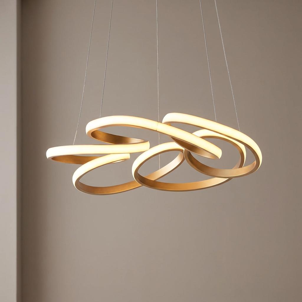 Modern gold LED chandelier featuring interlocking spiral rings with a warm white glow against a neutral wall.