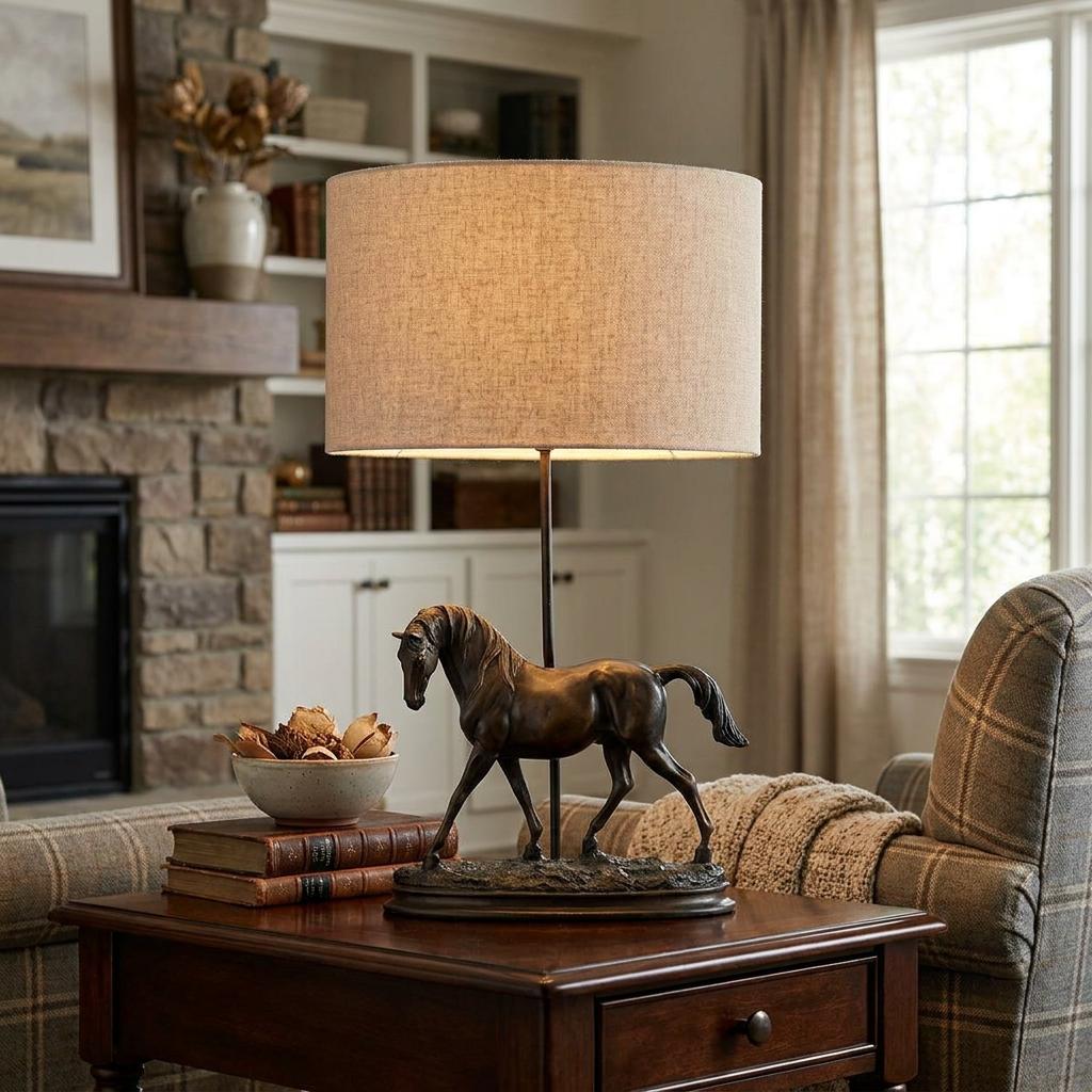 Bronze horse sculpture table lamp with a natural linen shade on a wooden side table in a cozy living room.