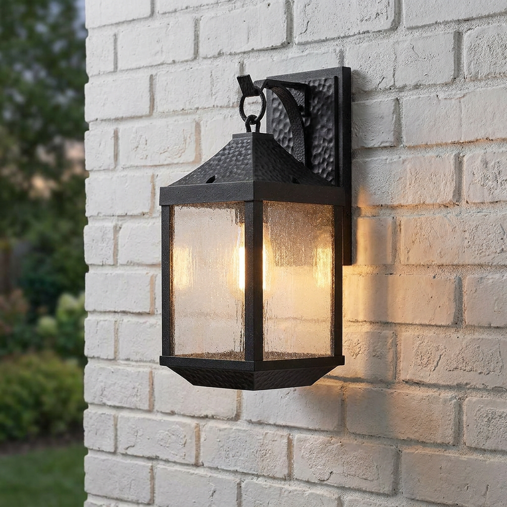 Hammered black outdoor wall lantern with seeded glass panels glowing on a white brick wall.