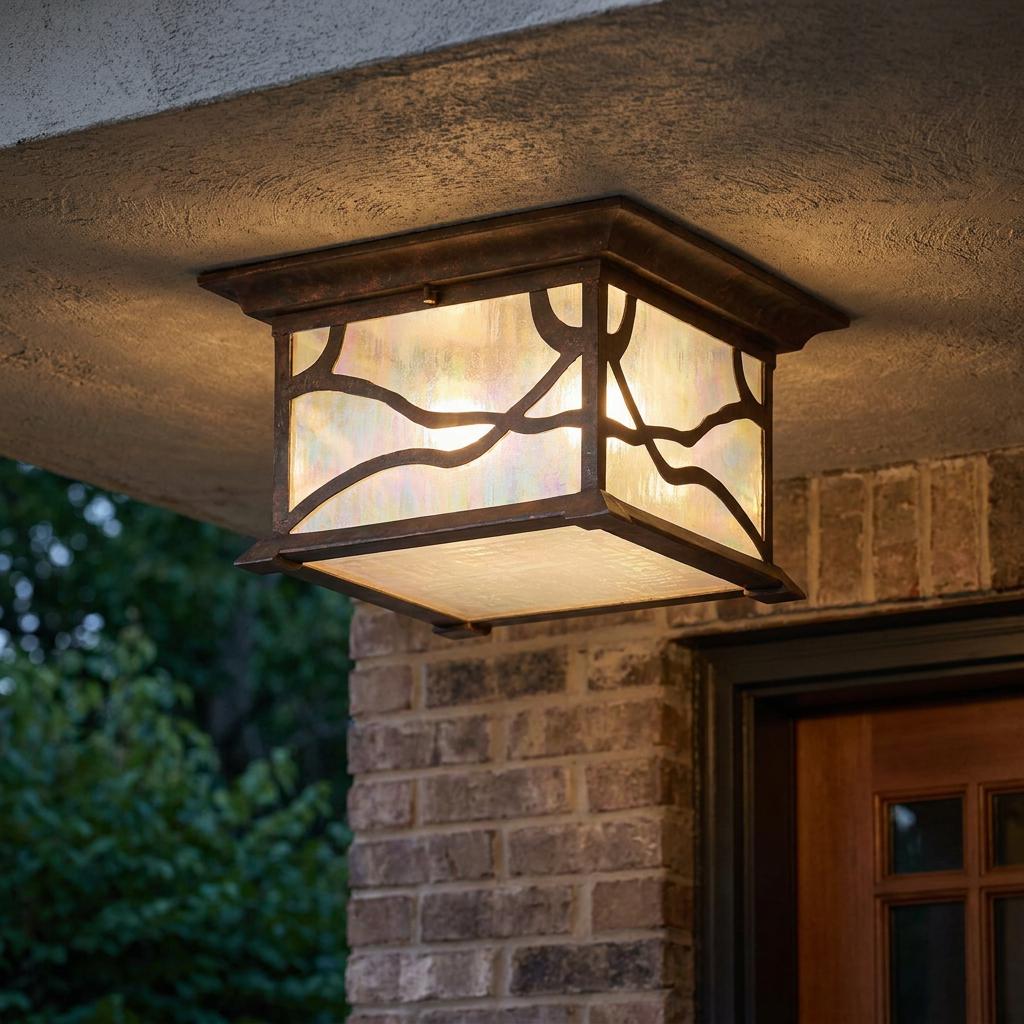 Mission style square outdoor flush mount light with branch overlays and iridescent glass panels on a porch ceiling.