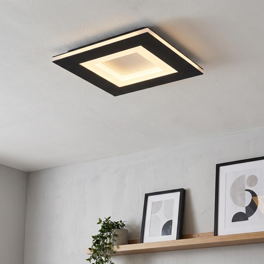 Modern square matte black LED ceiling light emitting warm light above a shelf with art and plants.
