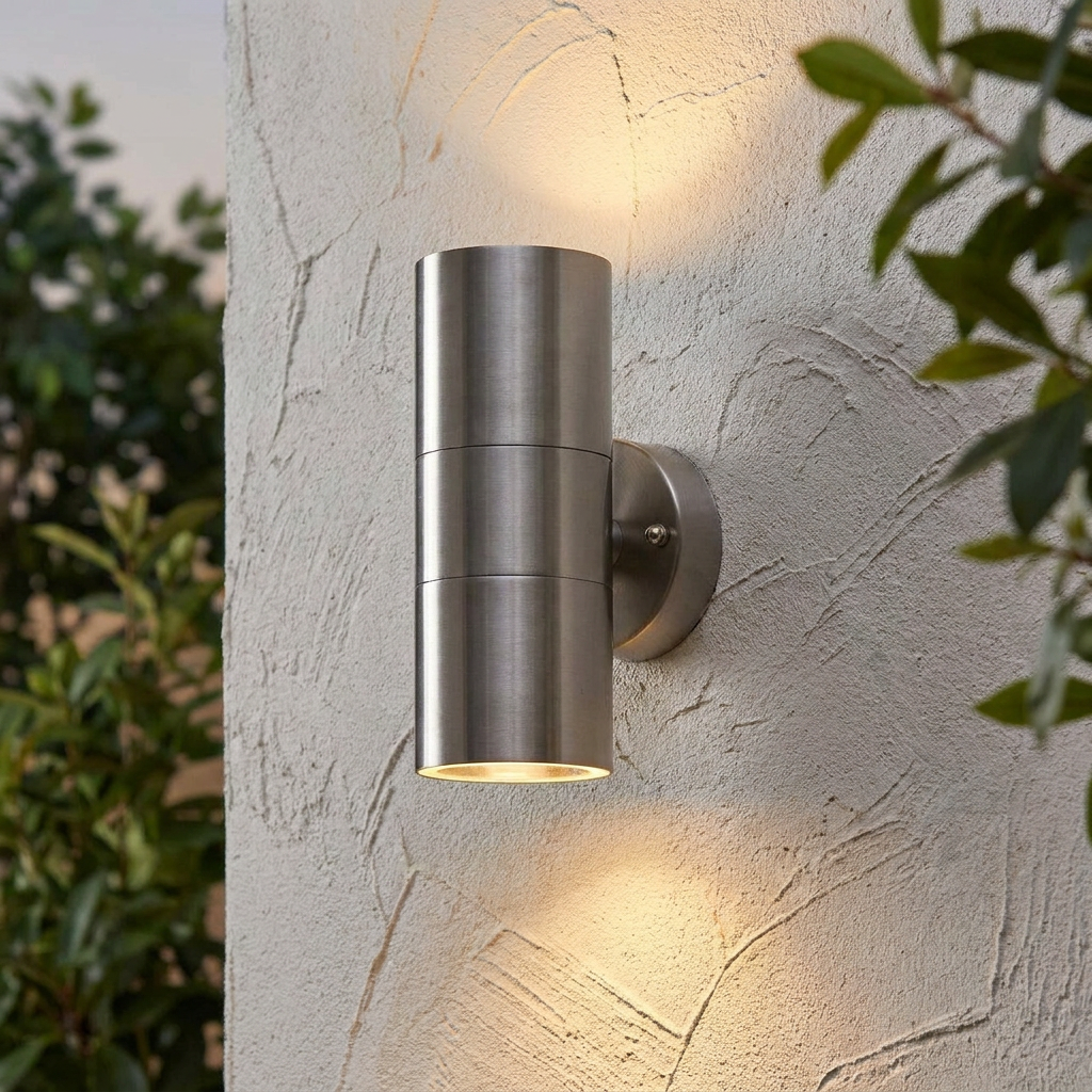 Brushed stainless steel cylindrical up and down outdoor wall light glowing on a textured exterior wall.