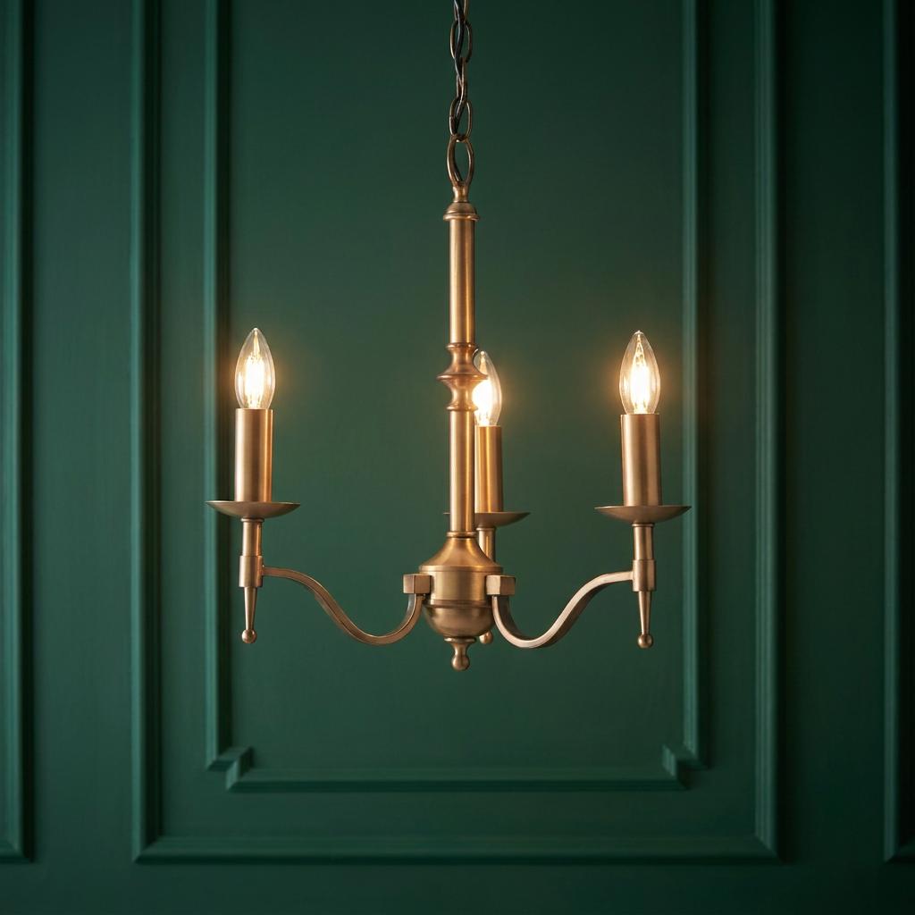 Antique brass three-light chandelier with lit candle bulbs against a dark green paneled wall.