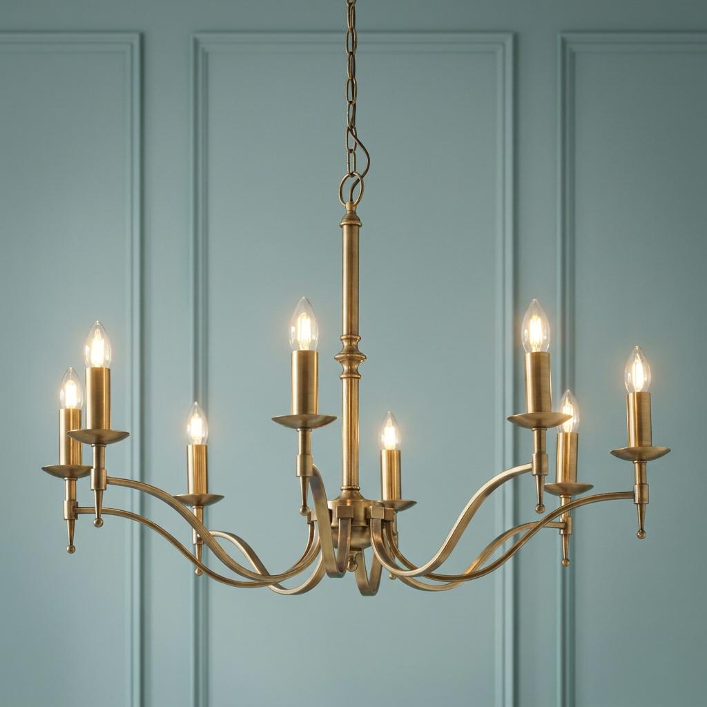 Eight-light antique brass chandelier with curved arms and candle bulbs against a blue paneled wall.