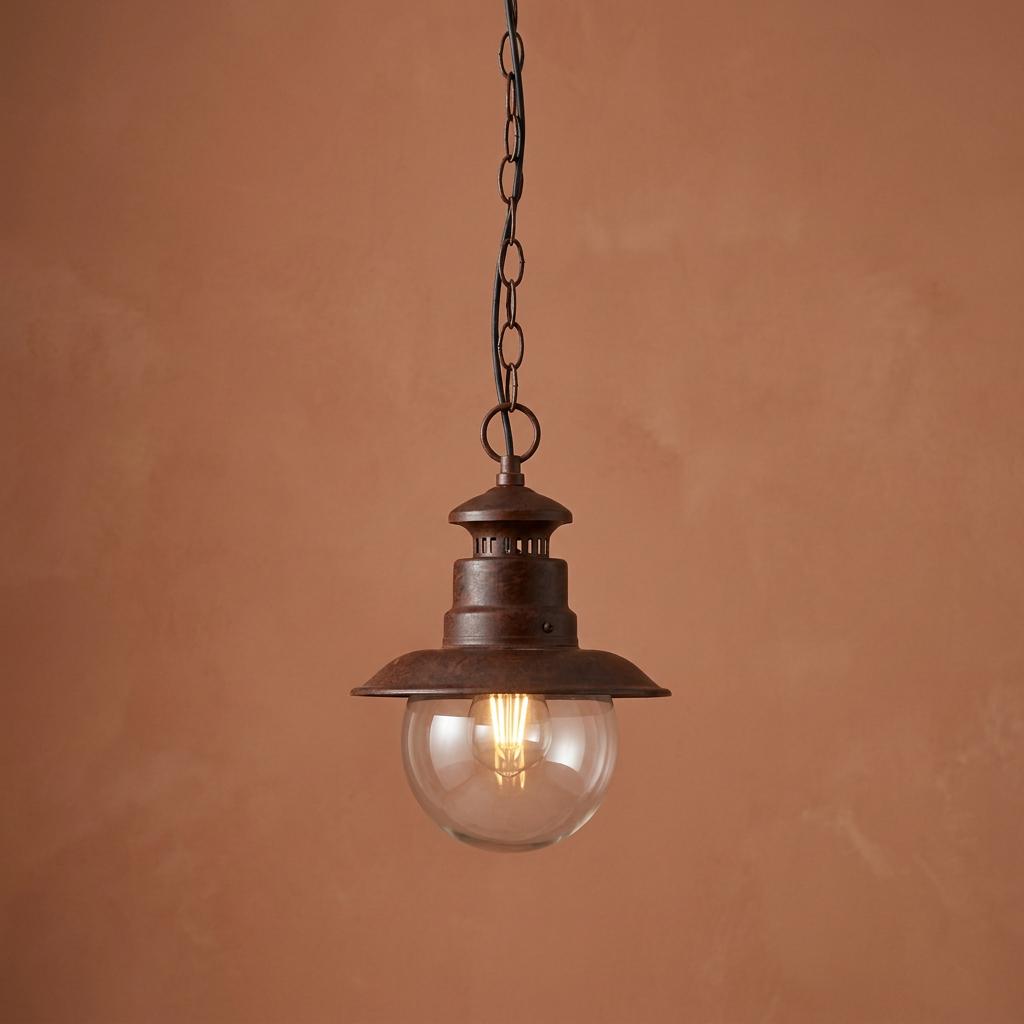 Rustic brown metal pendant light with a clear glass globe and warm glowing bulb against a terracotta wall.