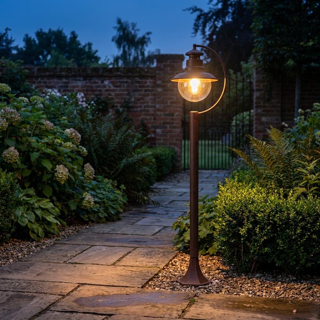 Rustic brown outdoor bollard post lamp illuminating a stone garden path at twilight.