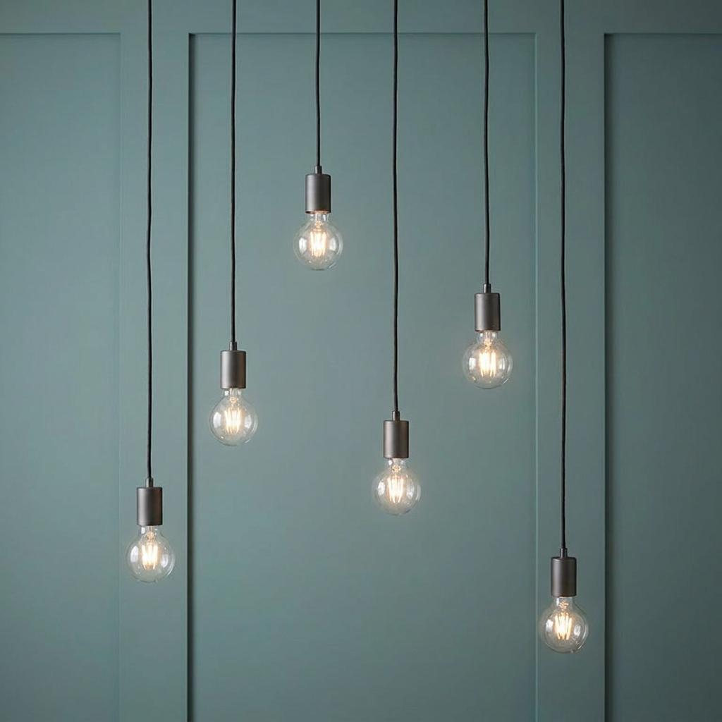 Six Stellan anthracite pendant lights with glowing filament bulbs hanging at staggered heights against a teal paneled wall.