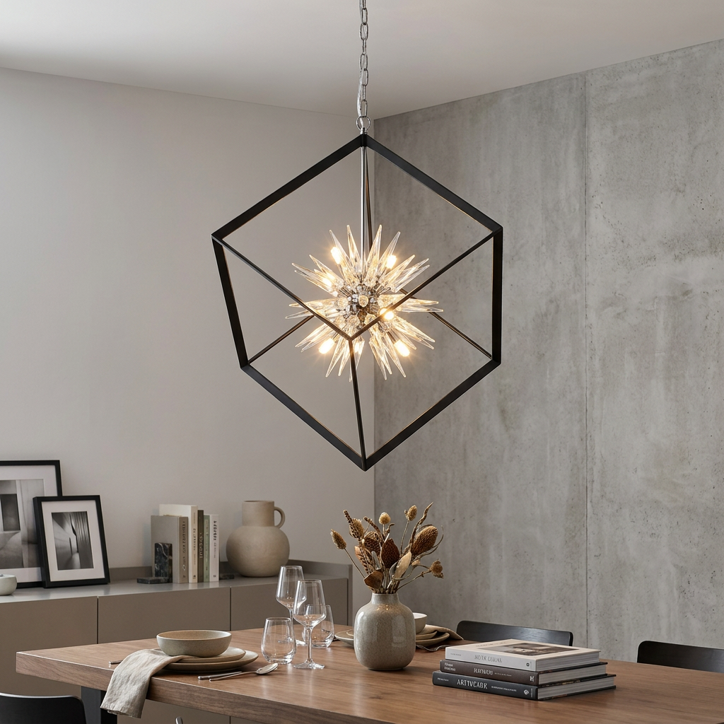 Stellar 6-light spike ball pendant with black geometric frame hanging over a modern dining table.