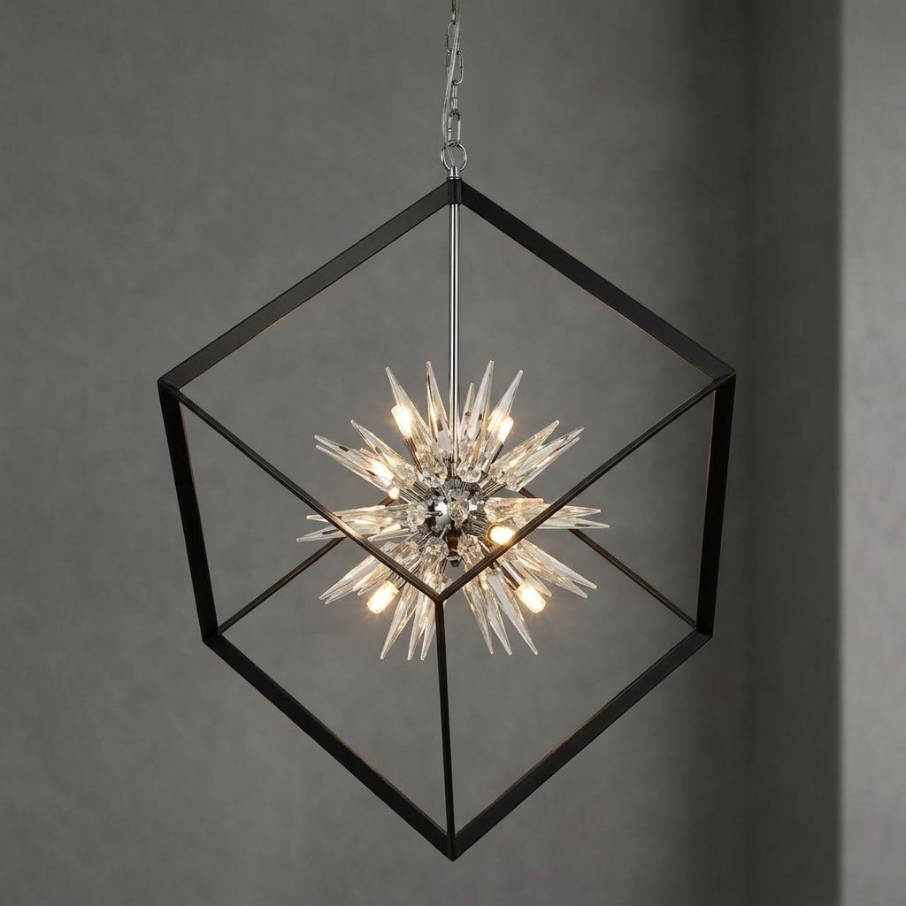Modern black geometric pendant light with a central crystal glass spike ball against a neutral wall.