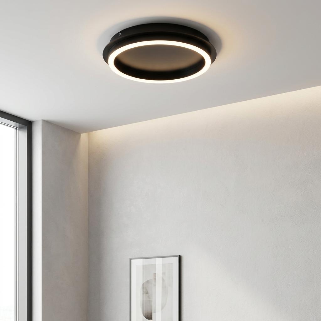Modern black circular flush mount ceiling light with integrated LED ring glowing in a contemporary room.