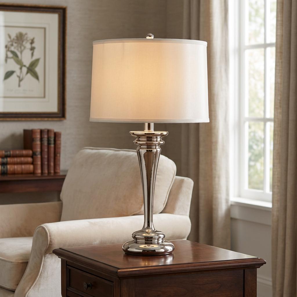 Polished nickel table lamp with a pearl drum shade lit on a dark wooden side table in a living room.