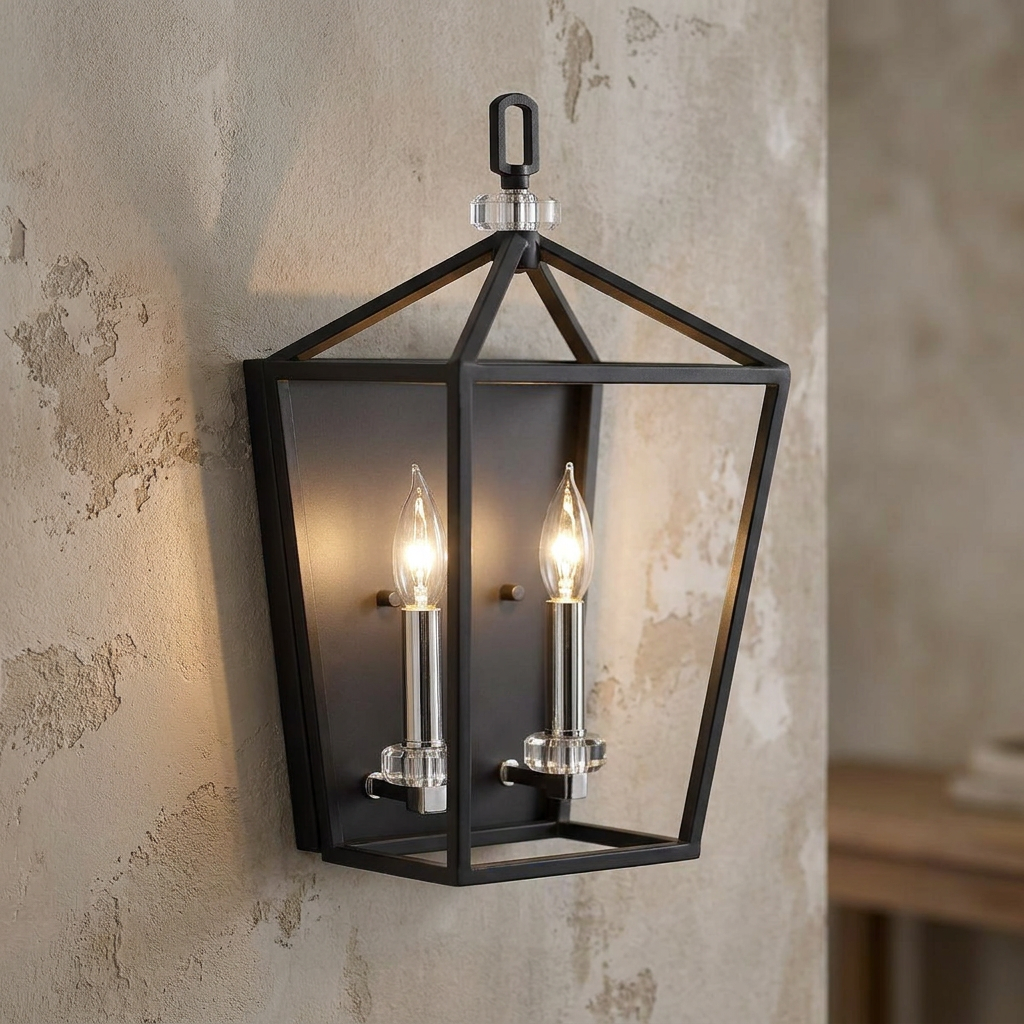 Modern lantern wall sconce with two lit candle-style bulbs and nickel accents on a textured plaster wall.