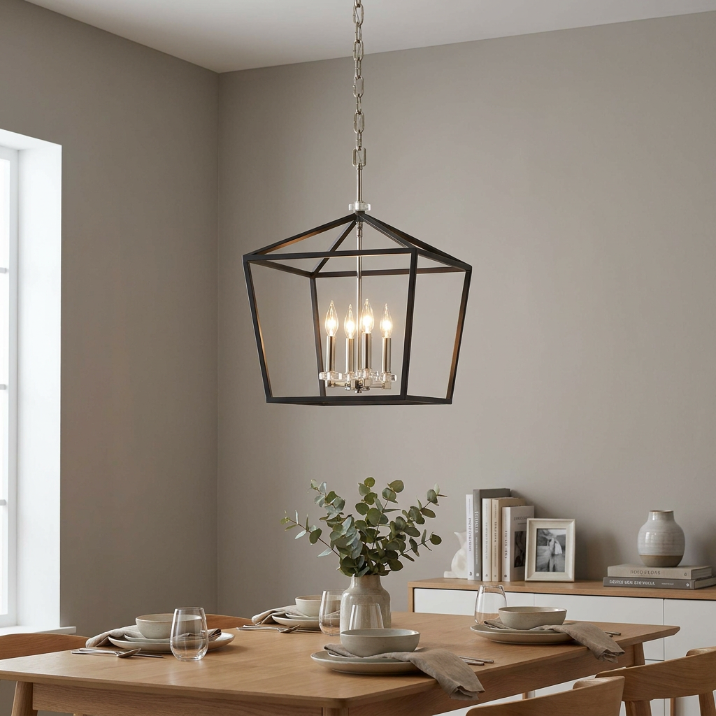 A black geometric lantern pendant light with four candle-style bulbs hanging above a wooden dining table.