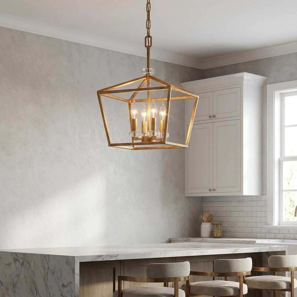 Brass geometric lantern pendant light with four bulbs hanging over a marble kitchen island.
