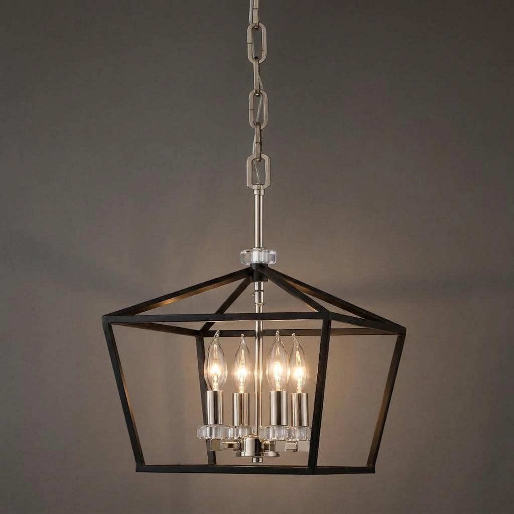 Stinson 4-light pendant featuring a black geometric lantern frame and polished nickel hardware with crystal details.