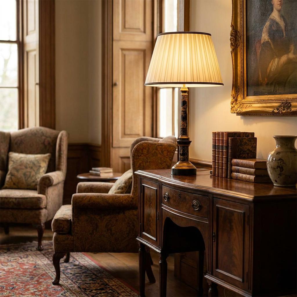 Strasbourg table lamp with black and gold base and pleated ivory shade on a wooden sideboard in a traditional study.