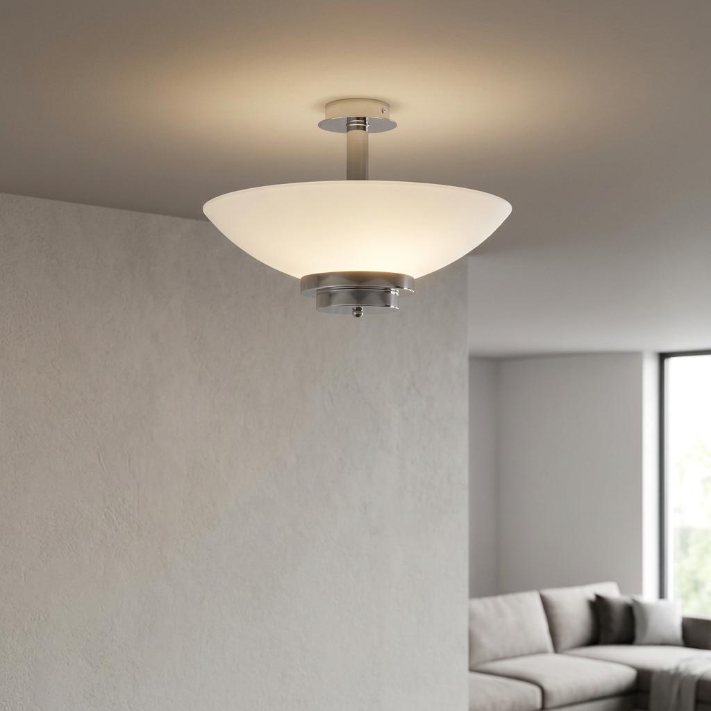 Art Deco semi-flush ceiling light with frosted white glass and chrome hardware illuminating a modern living space.