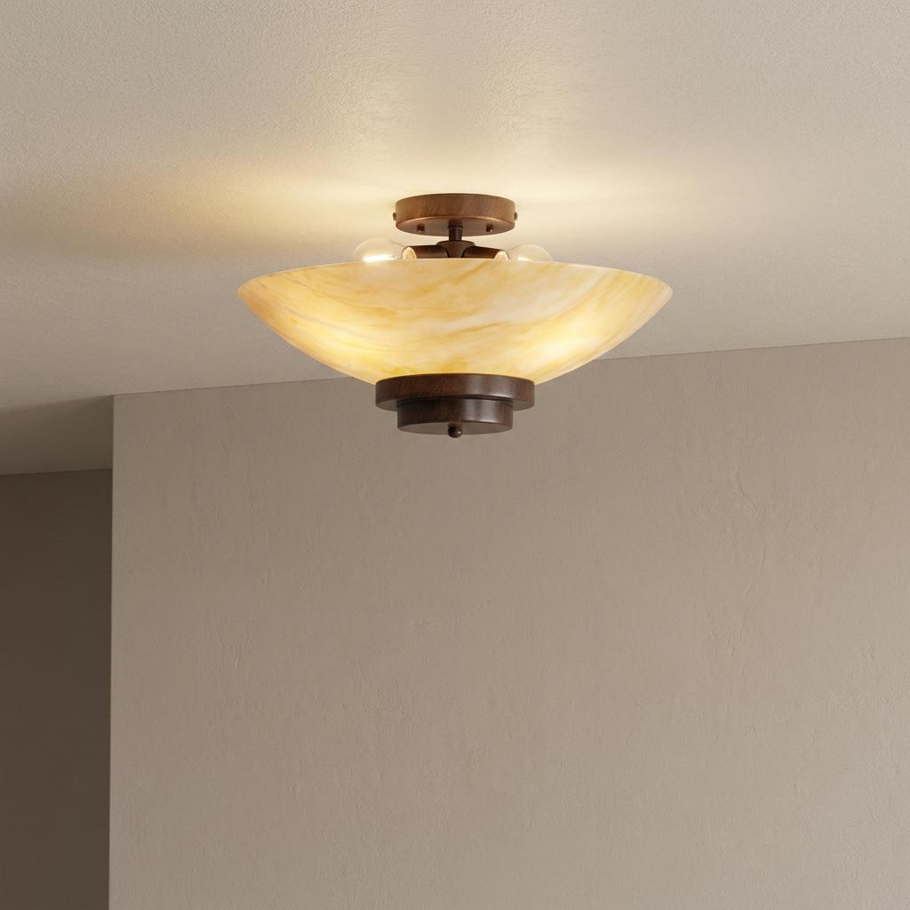 Art Deco flush ceiling light with an amber marbled glass shade and bronze base mounted on a neutral ceiling.